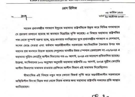 হাসিনার পদত্যাগ নিয়ে সুস্পষ্ট বক্তব্য দিলেন রাষ্ট্রপতি